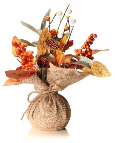 Deco Woerner Rustikales herbstliches Beeren- und Mistelzweig-Gesteck im Jutetopf 10 x 26 cm orange braun Herbstdeko Tischdeko Vasendekoration