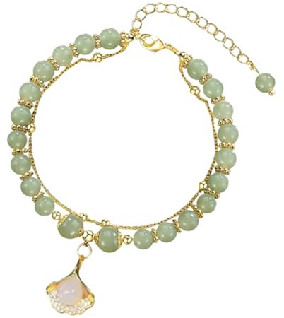 SpaNn Hetian Jade-Goldblatt-Armband, Feng Shui-Glücksarmband, zierliches Perlenarmband, Schmuckgeschenk für Frauen, zweilagiges verstellbares Armband (Ginkgo Leaf,One Size)
