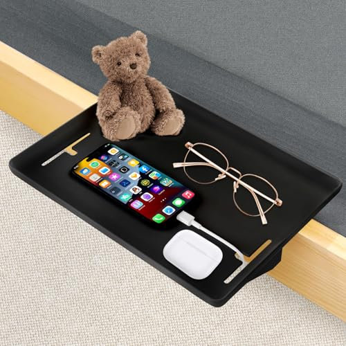 TUAKIMCE Bedside Shelf for Bunk Beds, Clip-On Nightstand Tray Organizer for Top Bunk Bed Shelf College Dorm Room Essential Bedside Storage with Cable Management, Space-Saving (Black)