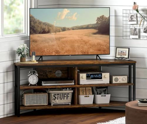 Industrial TV Stand Rustic Corner Cabinet Vintage Retro Style Living Room Furniture Metal Large Storage Shelf Media Unit Small Display Entertainment Center