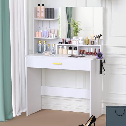 AMHANCIBLE LED Schminktisch mit Spiegel, 90x40x135cm, Frisiertisch mit großer Schublade für Schlafzimmer, Moderne Vanity Kommode