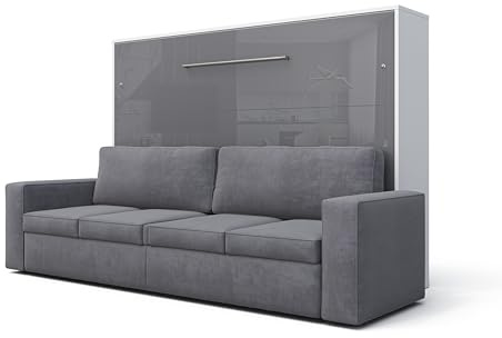 MAXIMAHOUSE Schrankbett horizontal Invento LED 140H (140x200) mit Sofa Milo 23, Wandbett (Weiss/Grau Glanz + graues Sofa)