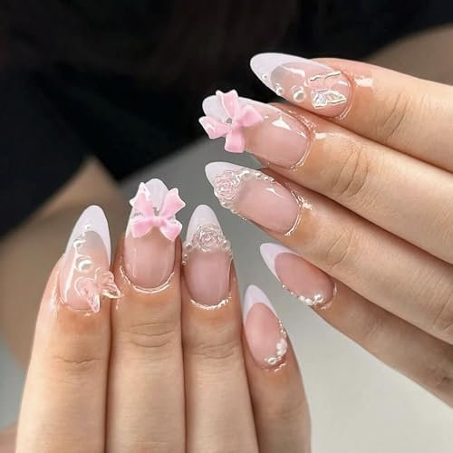 Virellay 24 Pcs French Press on Nails Almond, 3D Mandel Kunstnägel Zum Aufkleben Rosa Schmetterling Zubehör, Nail Tips Almond mit Nagelkleber, Falsche Nägel für Frauen (French 3D Dekoration, 24 pcs)