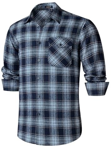 HISDERN Lumberjack Shirt for Men Casual Cotton Checked Flannel Shirts Long Sleeve with Pocket Regular Fit Navy Blue 4XL