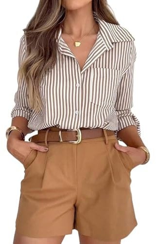 Ladies Long Sleeve T Shirt Women's Striped Button Down Shirts Casual Long Sleeve Lapel Neck Tops Elegant Office Work Tunic Blouses UK 01-Khaki XL