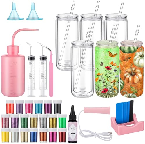 Meanplan Kunststoff-Schneekugel-Set mit Glitzer, 473 ml, 6 Stück | UV-Harz-Werkzeuge, Trichterspritze, Pinzette, 20 Farben, Glitzer, transparente Schneekugel, Dekoration
