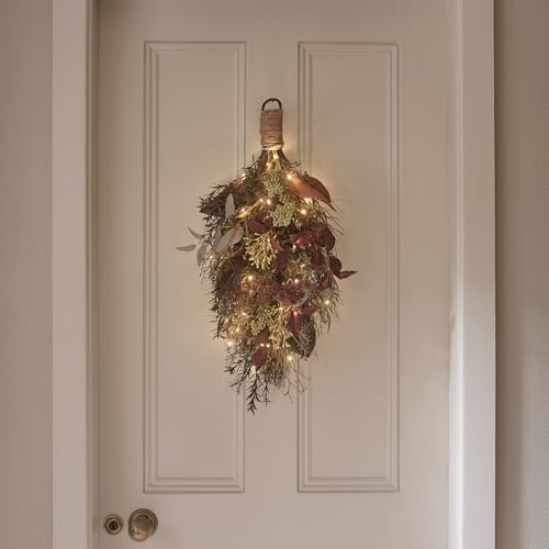 Lights4Fun Beleuchteter Herbst-Winter-Zweig – Kunstlaub in Burgunder, Ocker & Grün mit Warmweißen LEDs, Batteriebetrieben mit Timer – Rustikale Deko für Innenräume – Länge 67 cm