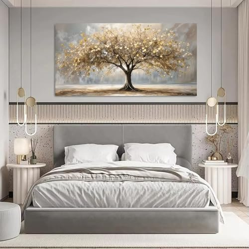 NXMYDBD Leinwandbild „Baum des Lebens mit goldenen Blättern“, Poster mit Herbstlandschaftsdruck, Gold und Beige, Heimdekoration, 60x120cm, ungerahmt