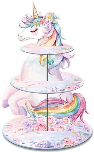 3 Etagen Einhorn Tortenständer Cupcake Ständer,Kuchenständer aus Pappe Dessert Turm für Einhorn Deko Kindergeburtstag Tortendeko Tischdeko Geburtstagsparty Babyparty Mädchen Party Dekorationen