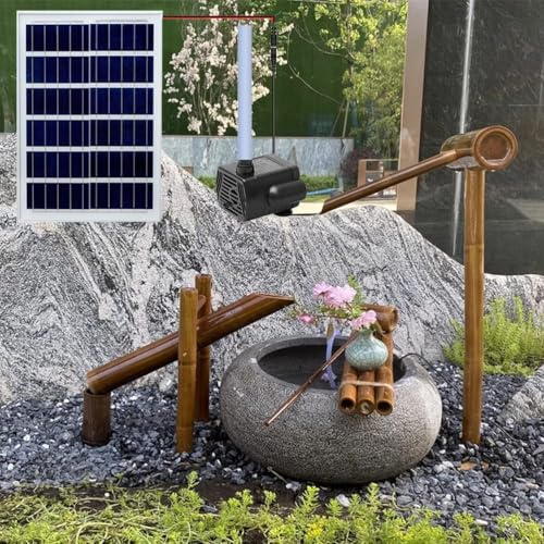 YAIUNHIQ Fontana Solare Fai da Te, Fontana Zen Feng Shui con zattera di bambù e mestoli di bambù, Fontana con Pompa per terrazza