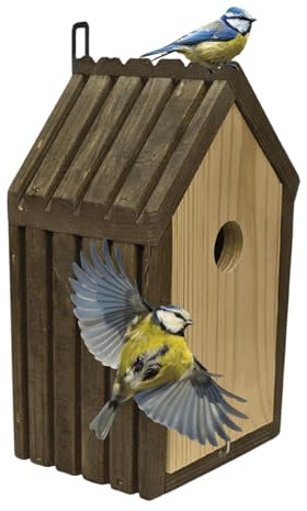 MODO24 Meisen Nistkasten FSC Holz 2,8 cm Einflugloch 26x15x12 cm Braun | Vogelhaus für Blaumeisen & Kleinvögel. Brutkasten mit Reinigungsklappe & Futterhaken für Garten & Balkon. Nistbox Outdoor
