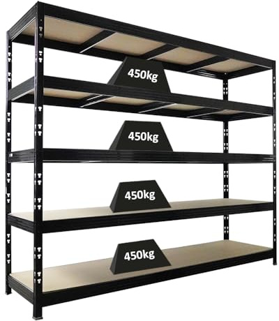 PROREGAL Étagère Charge Lourde Rhino XXL | HxLxP 200x240x70cm | 5 Niveaux en aggloméré 8mm | 450kg par Niveau | Noir | Stockage de Garage de Rangement rayonnage
