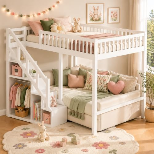 Etagenbett 140x200 mit Stauraum, Kinderbett mit Rausfallschutz Hochbett mit Treppe Stockbett Einzelbett Funktionsbett mit Schrank Kinderhochbett Jugendhochbett mit Lattenrost, ohne Matratze (Weiß)