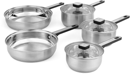 Salter Expert Pfannenset 5-teilig, Edelstahl, induktionsgeeignet | 24/28-cm-Bratpfannen, 16/18/20-cm-Kochtöpfe, Glasdeckel mit Dampfauslass, kühl bleibende Griffe, PFAS-frei