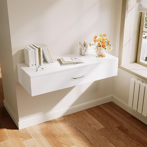 ELEGANT Wall Mounted Dressing Table with Drawer, White Floating Wall Shelf Storage Unit with Partition Storage, High Gloss Vanity Desk for Girls Women Bedroom Living Room Office, 100W x 38D x 20H cm