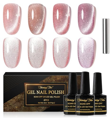 Shining She 4 * 8ml UV/LED Soak Off Gel Nail Polish Nude Pink Cat Eye | 4 Colours Jelly Nude Pink Rose Gold Magnetic Nail Polish Holographic with Magnet for Nail Art Manicure Salon DIY at Home
