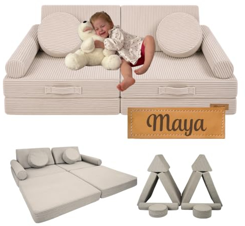 Flumi Modulares Kindersofa 10-teilig – Kindercouch mit waschbarem Bezug, personalisierbar mit Namen (Cord Beige)