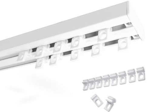 Rollmayer ALU Gardinenschiene 2-läufig 180cm - mit Ösengleiter | Zur Deckenbefestigung für Gardinen Vorhänge und Schiebevorhänge als stabile Aluminium Vorhangschiene in glänzend Weiß