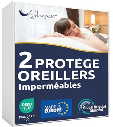 Wasserdichter Kissenbezug 60 x 60 cm, Kissenschoner mit Reiflverschluss, Made in EU Oeko-Tex® Zertifiziert Recycelte Baumwolle Molton GRS® Weiches, 2er Pack Zip, Anti-Milben & Bettwanzen