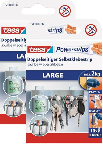 tesa Powerstrips Large - Doppelseitige Klebestreifen zur Montage von Gegenständen auf glatten Oberflächen - Bis zu 2 kg Halteleistung (2x 10 Powerstrips, Single)