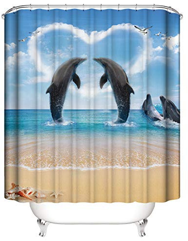 3D Digitaldruck Duschvorhang, Morbuy Top Qualität Schimmelresistenter und Wasserabweisend Shower Curtain Waschbar Mit 12 Duschvorhangringen 100% Polyester (90x180cm,Blauer Delphin)