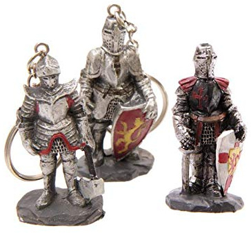 3er Set Mittelalterlicher Ritter Schlüsselanhänger Axt, Schild weiß, Schild rot