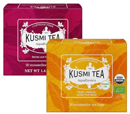 Kusmi Tea - AquaExotica & AquaRosa - Lot de 2 boîtes - Infusions Bio sans Théine Fruitées et Gourmandes - À Déguster Chaud ou en Thé Glacé - 2x20 Sachets de Thé