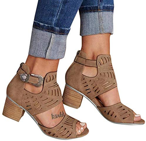 LLDG Damen Sandalen Dicke High Heels Sommer Offene Schuhe Wedge Peep Toe Schnalle Sandaletten Große Größe Retro Römische Sandaletten mit Blockabsatz Mode Stiefeletten Reißverschluss Sandalen
