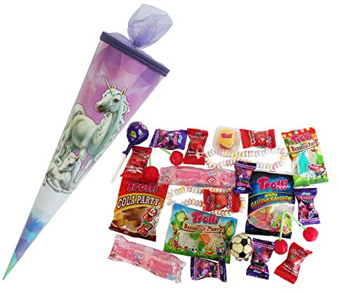 CAPTAIN PLAY Schultüte Einhorn 35cm gefüllt mit Süßigkeiten ohne Schokolade (20-teilig)