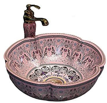 Bathroom Vessel Sink Bowl Pink Flower Shape Porcelain Above Counter Vanity Top Sink for Bar and Small Cloakroom