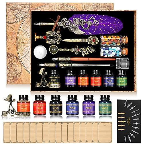 AIYNC Quill Pen Ink Set, With Quill Pen, Wooden Dip Pen, Glass Dip Pen, 6 Bottles Ink,16 Letter Paper, 2 Envelopes,17 Nibs, Pen Holder, 2 Bottles Fire Lacquer Wax, Stamp, Spoon, White Wax, Cup(Purple)