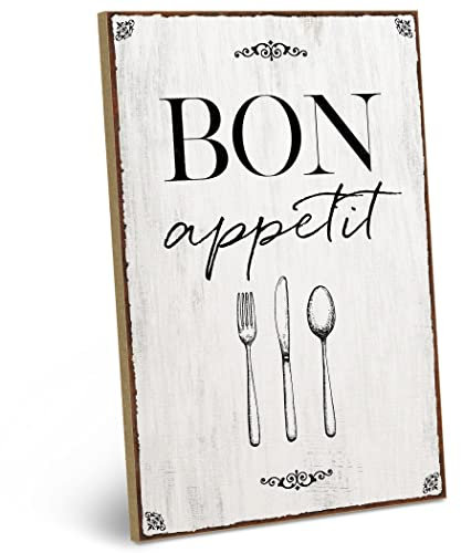ARTFAVES® Wandbild Holzschild mit Spruch - Bon appetit - Türschild Retro Vintage Deko Bild Geschenk - Küche, Essen Deko