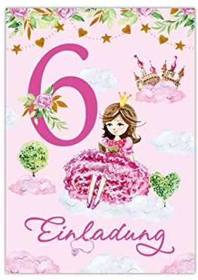 Junapack 12 Einladungskarten zum 6. Kindergeburtstag Einladung zum sechsten Geburtstag Mädchen Prinzessin mit Einhorn