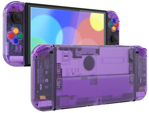 eXtremeRate Carcasa Transparente para Nintendo Switch OLED, Tapa Trasera & Soporte Placa con Botones Coloridos para NSO, Funda Protectora NS Joycons - Violeta