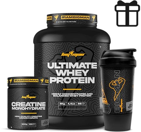 Pack BigMan Ultimate Whey Proteína 2kg + Creatina 300Gr + Shaker PRO | Fuerza, Resistencia | Masa Muscular | Tonificación Muscular | Recuperación Deportiva (2 KILOS, Fresa)