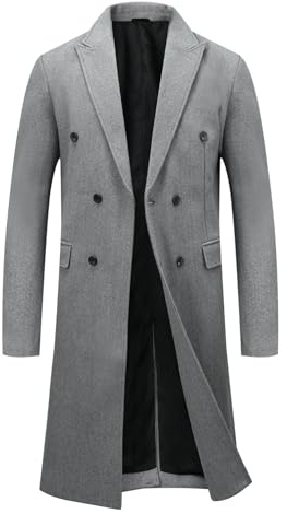 Allthemen Mens Winter Long Trench Coat Wool Blend Double Breasted | Mens Knee Length Slim Fit Warm Coat Business Casual Overcoat Solid Color Outerwear for Wedding