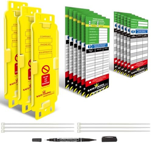 SAFETYKING® Ladder Tags, Ladder Inspection Tags, 4 Holders, 10 nspcetion Insert Stickers, 20 Cable Ties, 1 Marker Pen, Ladder Tag kit with Cable Ties and Marker, Laddertag, Laddertags.