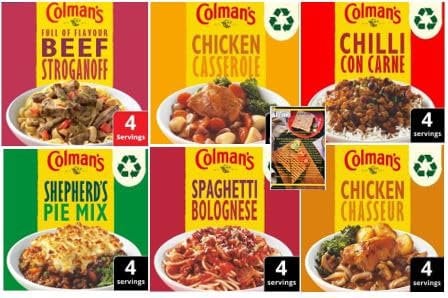 Colman's Variety Meal Kits, Chicken Casserole, Chicken Chasseur, Chili Con Carne, Shepherd's Pie, Beef Stroganoff, Spaghetti Bolognese, 4 Servings Each, With Cooking Guide