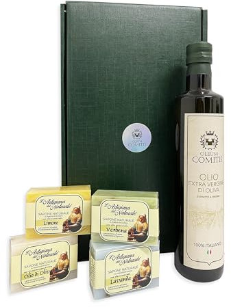 Oleum Comitis - Olio Extra Vergine di Oliva - 100% Italiano Estratto a Freddo - Confezione Regalo con Bottiglia da 750 ml e 4 Saponi Naturali all'Olio Extravergine di Oliva da 100 g