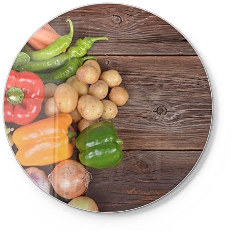 DEQORI Schneidebrett aus Glas | rund Ø30 cm | Motiv Frisches Gemüse auf Holz | Design Schneideplatte für Küche | Frühstücksbrett antibakteriell & rutschfest | Glasplatte & Servierplatte