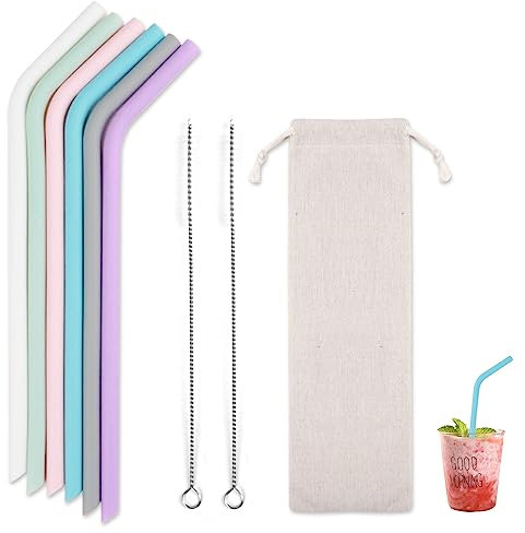 6PCS Reusable Silicone Straws, 2 Straw Cleaner Bottle Brush with Cloth Bag,Portable Bendy Straws Colorful Travel Straw for Smoothie Slushie Milk Coffee Juice