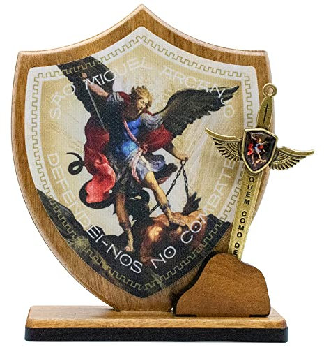 Heiliger Erzengel Michael Schild Schild | St. Michael Gebet auf Portugiesisch | Inklusive Metallschwert-Einsatz | San Miguel Oración | Tolles katholisches Geschenk zur Erstkommunion und Konfirmation
