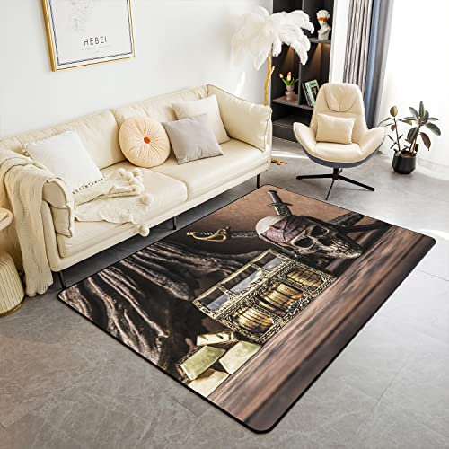 Loussiesd Pirate Skull Teppich 100x150cm Ozean Nautical Skeleton Modern Golden Bodenmatte Sea Adventure Weich Gemütlicher Wetterfest Dekor für Küche und Balkon