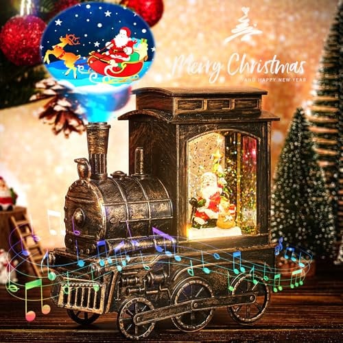 Auniq Weihnachts Schneekugel Laterne mit Projektor und Musik, Schneelaterne Vintage Weihnachten Wasser glitzernde Verschneiter Globus Nachtlicht, USB und batteriebetrieben Xmas Schneekugel Dekoration