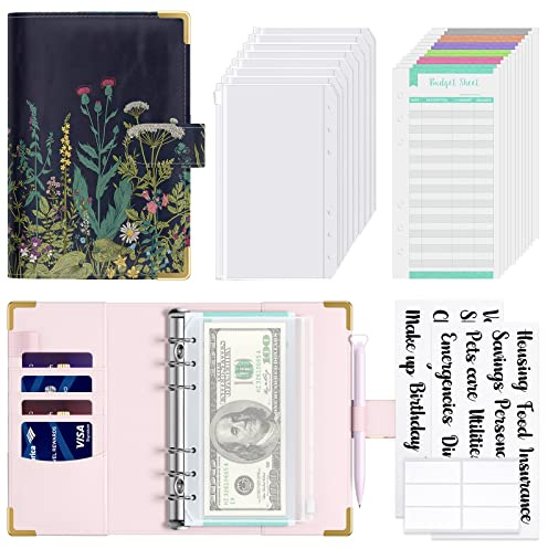 Hnogri Budget Binder with Zipper Envelopes, A6 Money Saving Binder, Weed | Zipper Cash Envelopes for Budgeting, PU Leather Budget Planner Money Organizer for Cash Bills, Floral Budget Wallet for Women