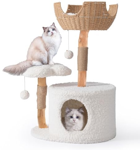 Easyego Modern Cat Tree, Aesthetic Wood Cat Tree Tower for Large Cats, Luxury Cat Condo with Scratching Posts and Flower Platforms, Cat Furniture by Easyego, (White)