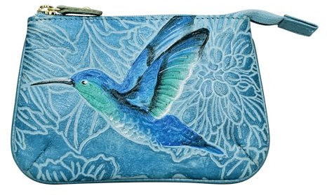 Anuschka Pochette da donna in vera pelle dipinta a mano con cerniera e portachiavi - Tooled Birds Sky