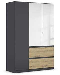 Rauch Möbel Costa, Schrank, Grau metallic/Eiche Artisan, Breite 136 cm | Kleiderschrank, 3-türig, Spiegel, 2 Schubladen, Push-to-open, Zubehör Basic, für Schlafzimmer, Kinderzimmer, Babyzimmer