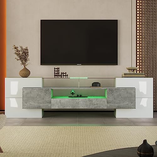 Elegante mueble de TV con panel bajo, color blanco brillante y negro, 200 cm, iluminación LED, muebles de salón, diseño moderno, elegante superficie de cristal (blanco brillante y hormigón)