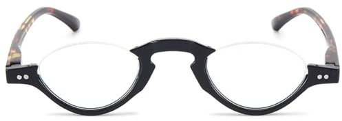ABETOS Lesebrille Halbrand Damen Herren Anti Blaulicht Retro Mode Halbmond Halbrahmen Lesehilfe Sehhilfe Federscharnier Blaulichtfilter Computerbrille mit Stärke, Schwarz&Leopard+1.5